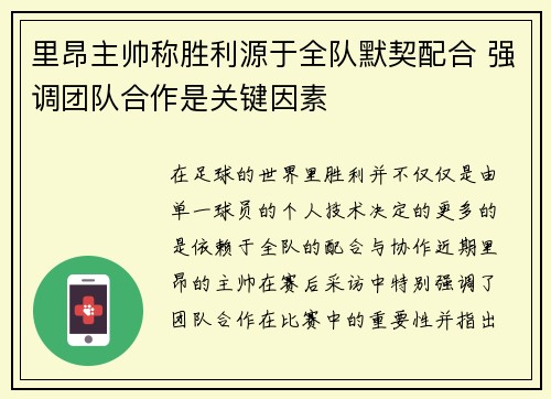 里昂主帅称胜利源于全队默契配合 强调团队合作是关键因素