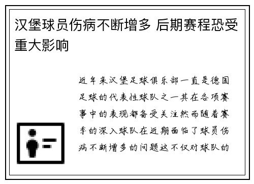 汉堡球员伤病不断增多 后期赛程恐受重大影响